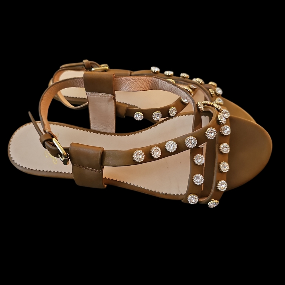 J. Crew Brown Leather Jeweled Studded Strap Sandals Sz 7.5